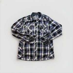 BKE Buckle Shirt Mens Medium Purple Pearl Snap Athletic Fit Western Cowboy Plaid